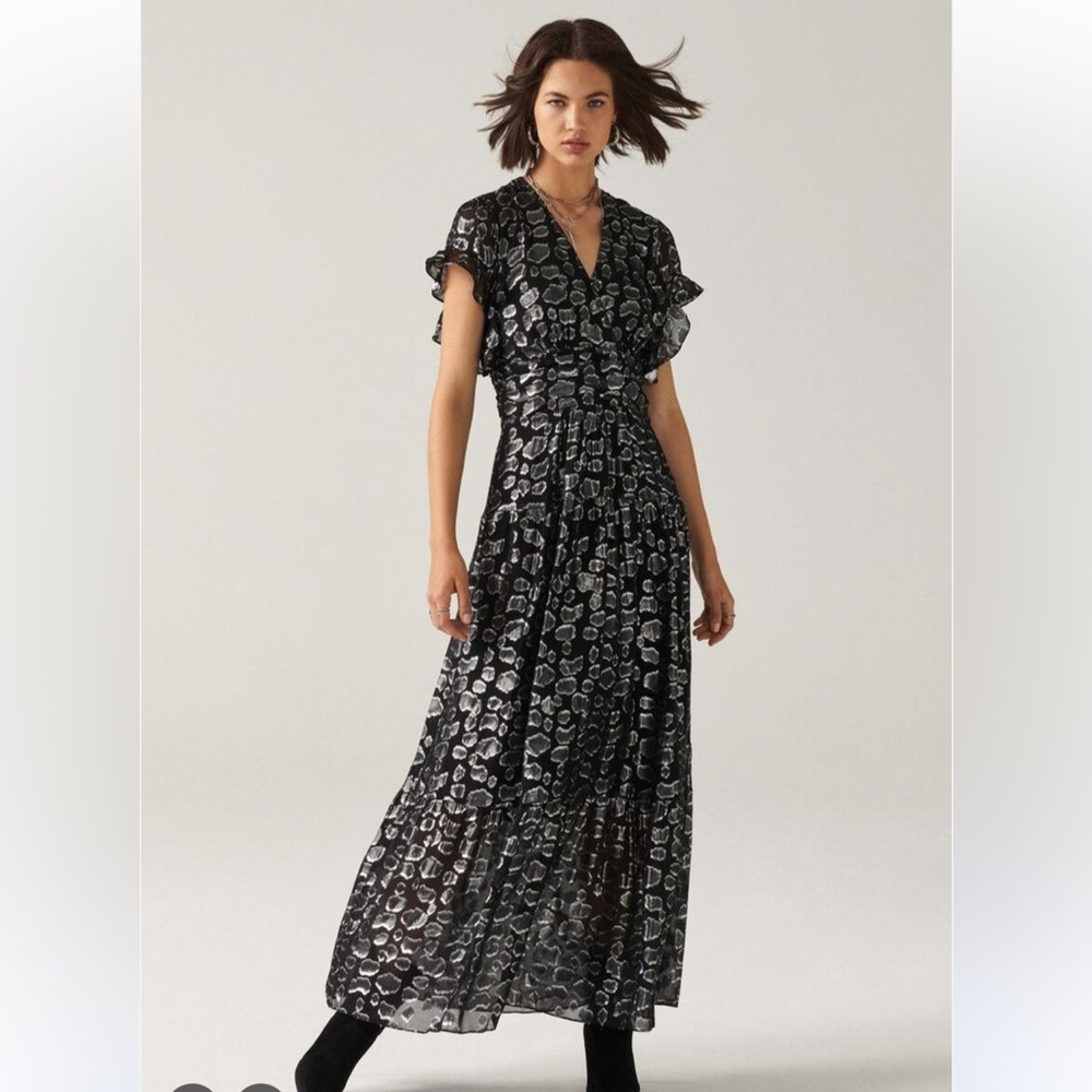 BA&SH Gemma Elegant Black and Silver Leopard Print Maxi Dress